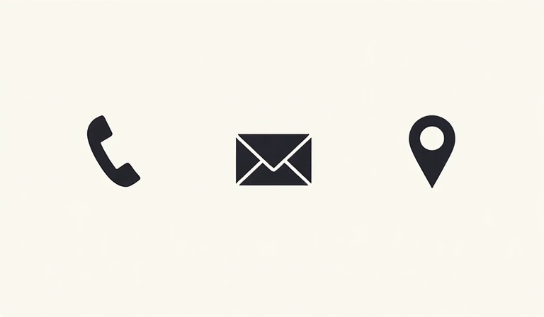 Stylized contact icons: phone, email, and location pin