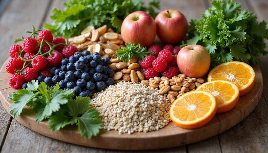 Egészséges ételek asztalon: gyümölcsök, zöldségek, gabonafélék