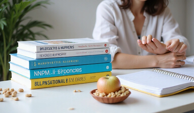 Szakmai könyvek és jegyzetek egy asztalon